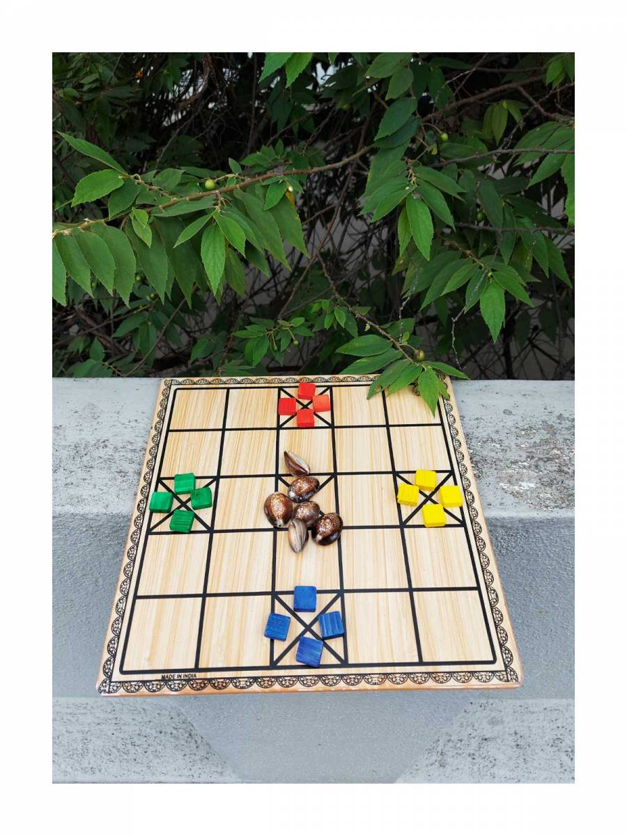 Game - Wooden Chowka Bara & Small Pawns - 11 inch Game - Wooden Chowka Bara & Small Pawns - 11 inch
