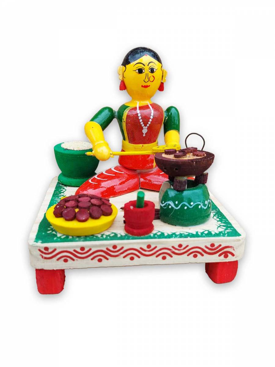 Wooden Village Lady Cooking Food - Etikoppaka Dolls Wooden Village Lady Cooking Food - Etikoppaka Dolls