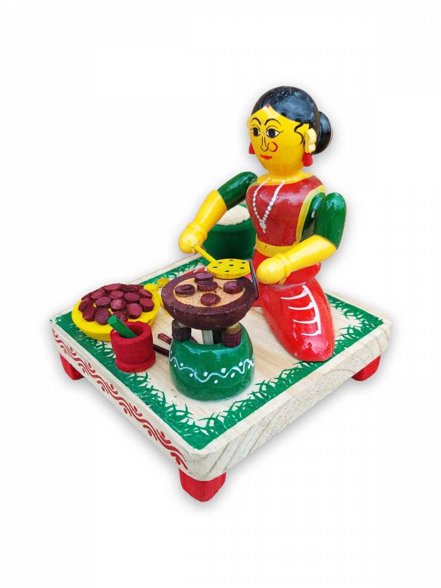 Wooden Village Lady Cooking Food - Etikoppaka Dolls Wooden Village Lady Cooking Food - Etikoppaka Dolls