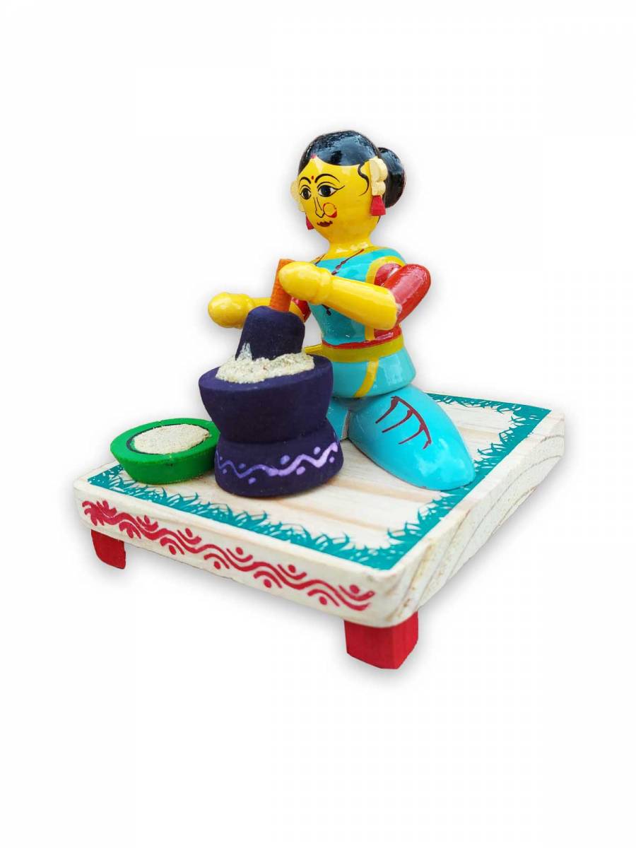 Wooden Village Lady Grinding Grains - Etikoppaka Dolls Wooden Village Lady Grinding Grains - Etikoppaka Dolls