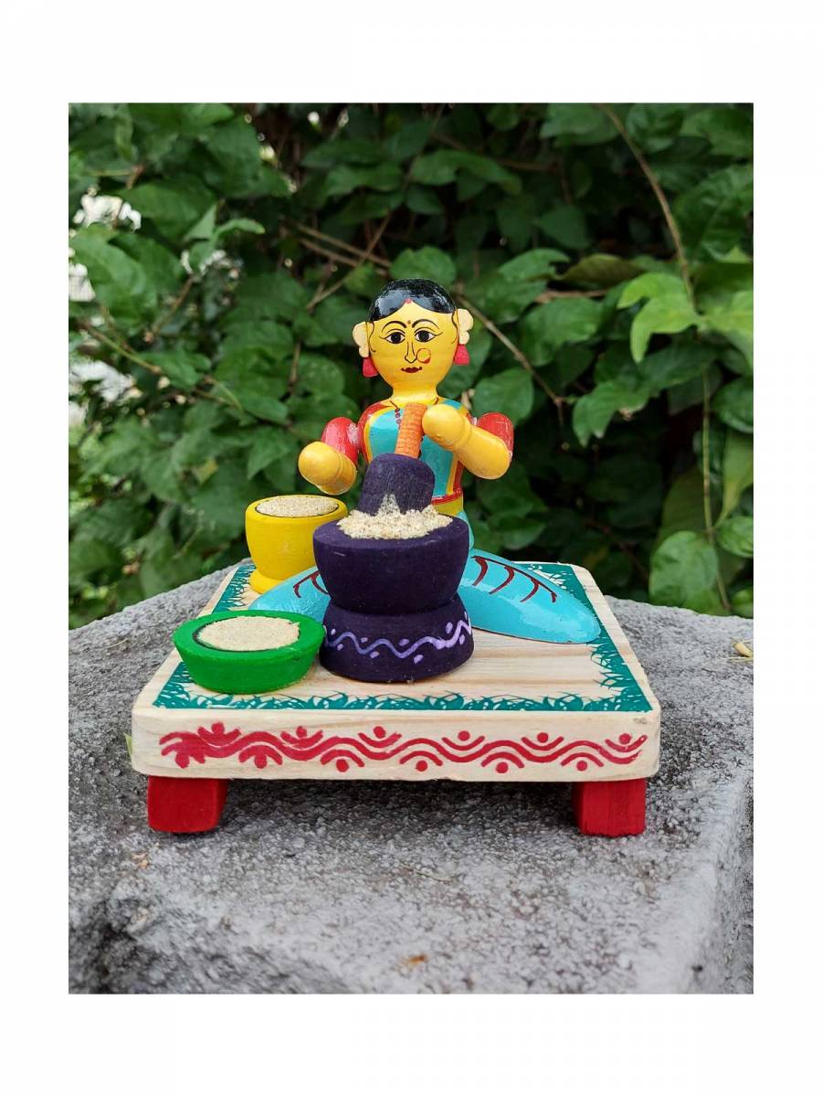 Wooden Village Lady Grinding Grains - Etikoppaka Dolls Wooden Village Lady Grinding Grains - Etikoppaka Dolls