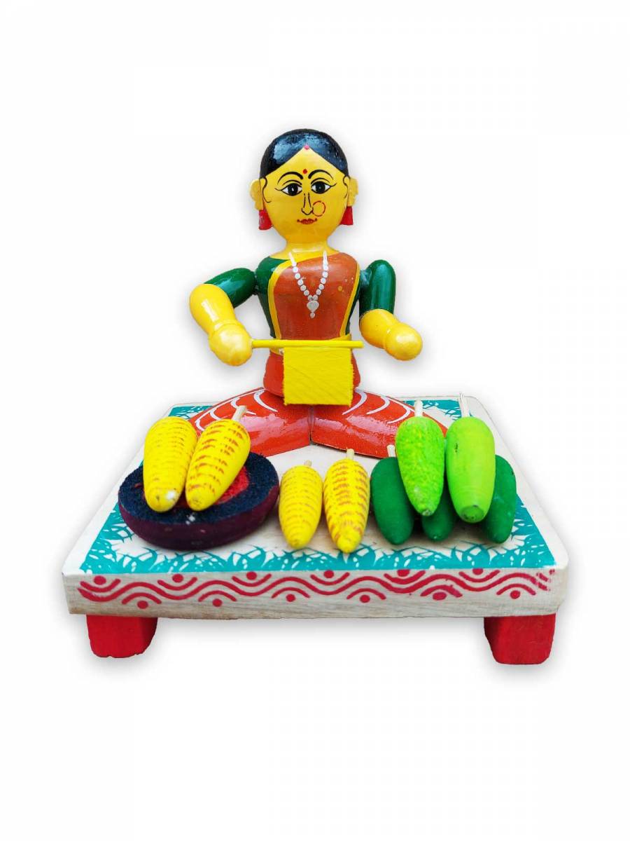 Wooden Village Lady Selling Corn - Etikoppaka Dolls Wooden Village Lady Selling Corn - Etikoppaka Dolls