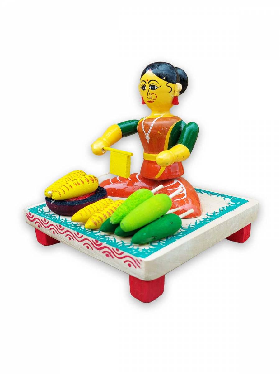 Wooden Village Lady Selling Corn - Etikoppaka Dolls Wooden Village Lady Selling Corn - Etikoppaka Dolls