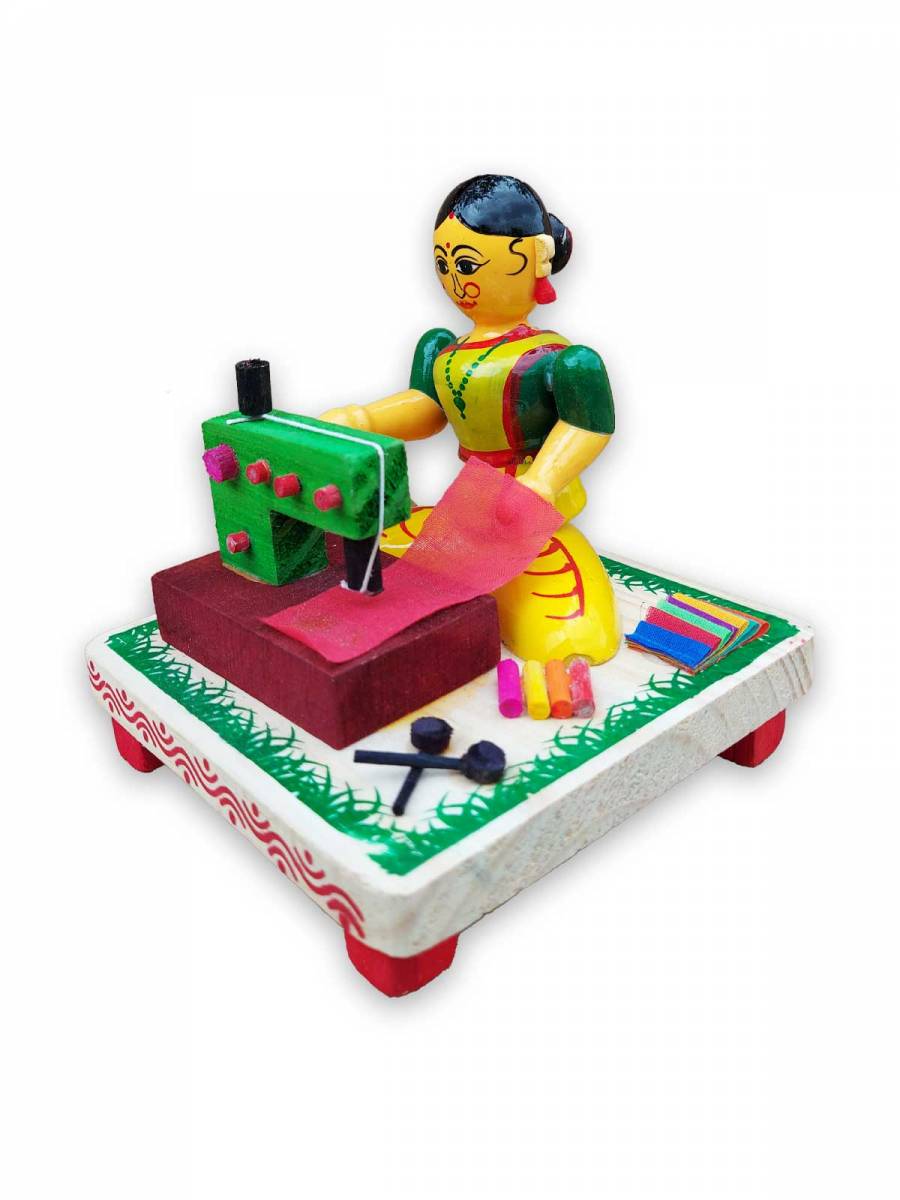 Wooden Village Lady Sewing Cloths - Etikoppaka Dolls
 Wooden Village Lady Sewing Cloths - Etikoppaka Dolls