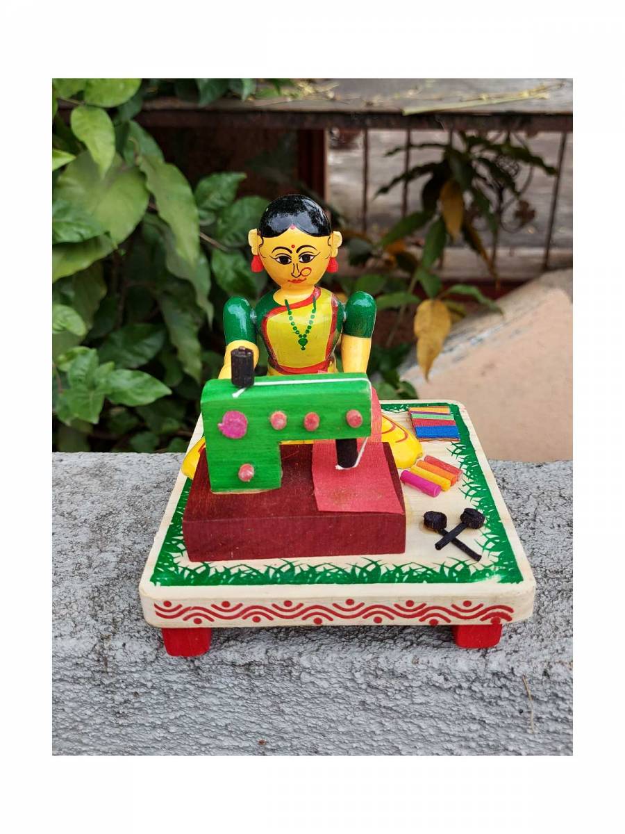 Wooden Village Lady Sewing Cloths - Etikoppaka Dolls
 Wooden Village Lady Sewing Cloths - Etikoppaka Dolls