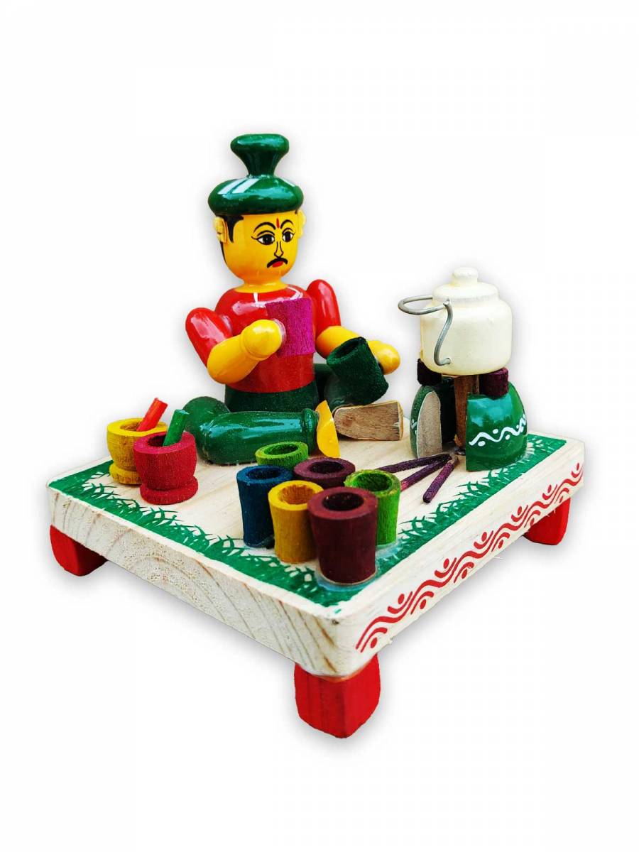 Wooden Village Man Selling Tea - Etikoppaka Dolls Wooden Village Man Selling Tea - Etikoppaka Dolls