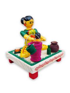 Wooden Village Mother Bathing Baby - Etikoppaka Dolls
