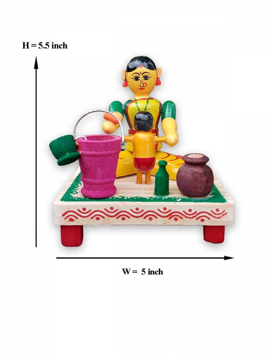 Wooden Village Mother Bathing Baby - Etikoppaka Dolls
