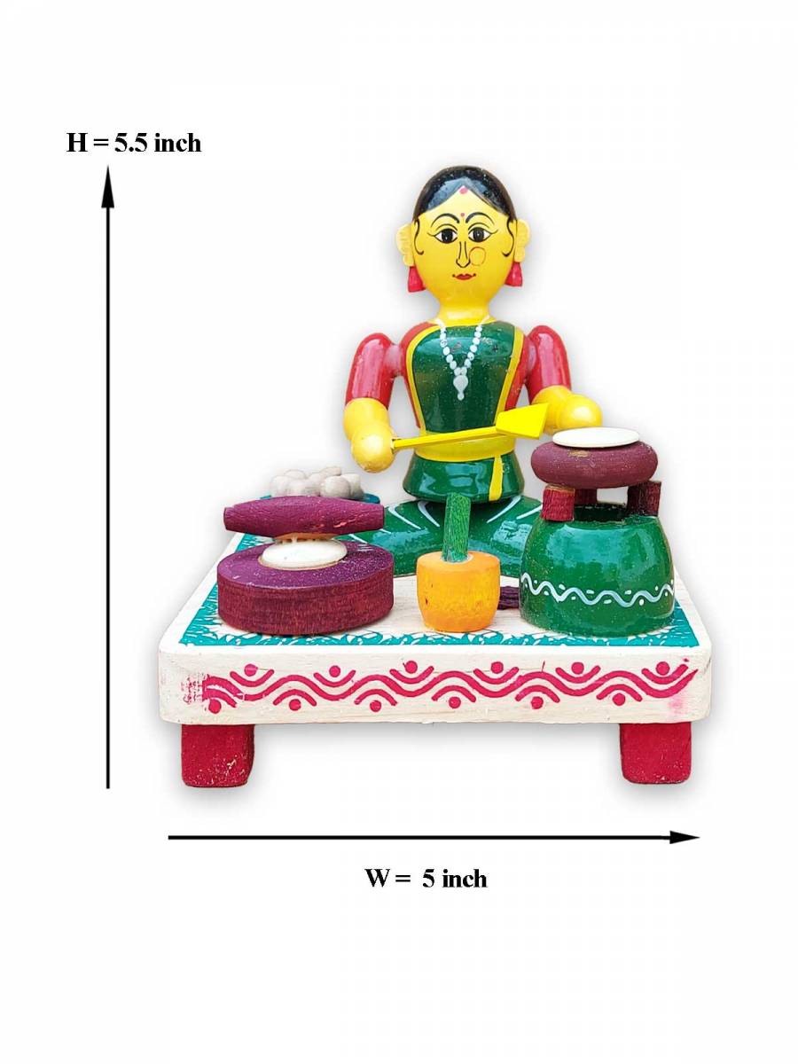 Wooden Village Lady Cooking Chapathi - Etikoppaka Dolls
