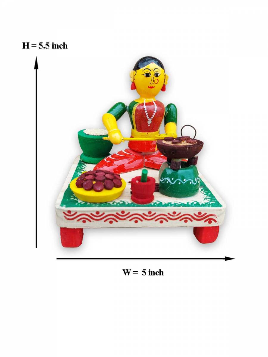 Wooden Village Lady Cooking Food - Etikoppaka Dolls
