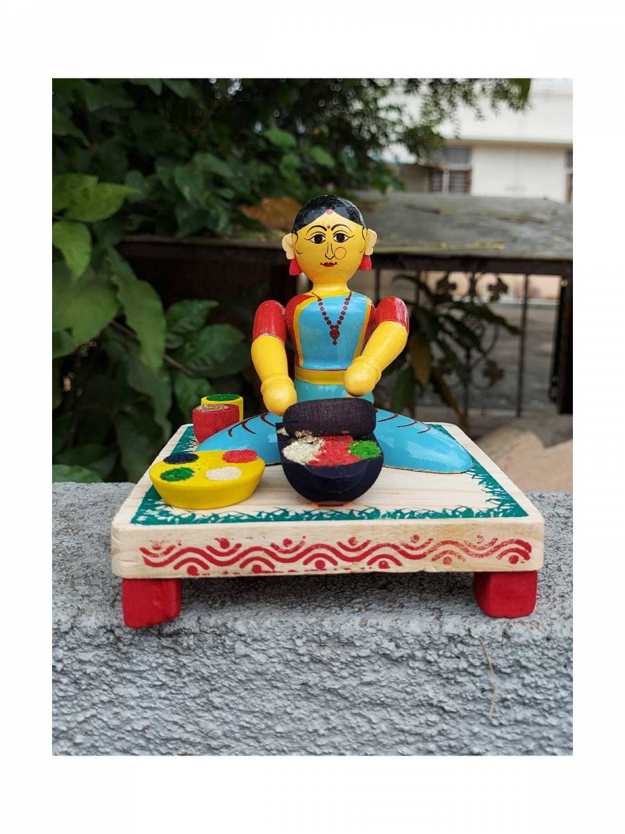 Wooden Village Lady Grinding Spices  - Etikoppaka Dolls
