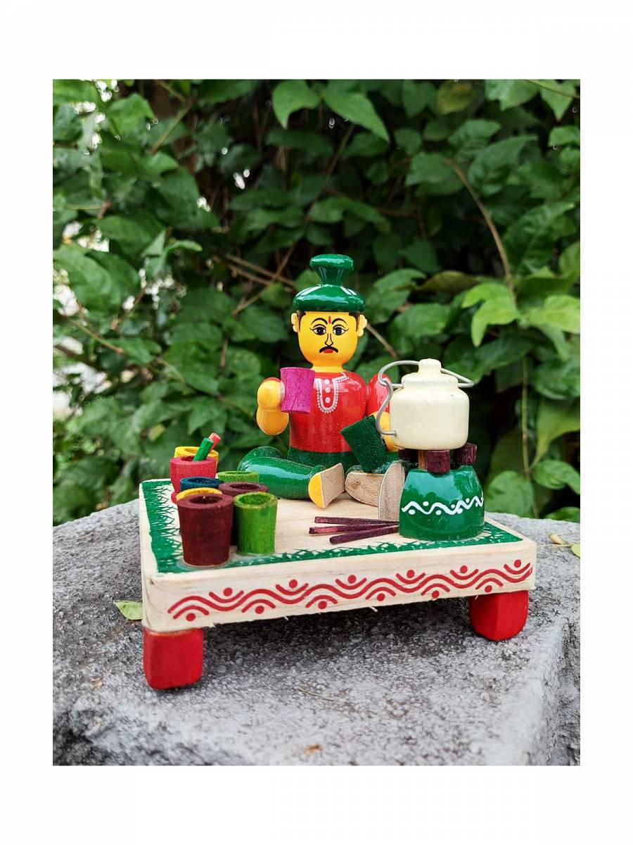 Wooden Village Man Selling Tea - Etikoppaka Dolls
